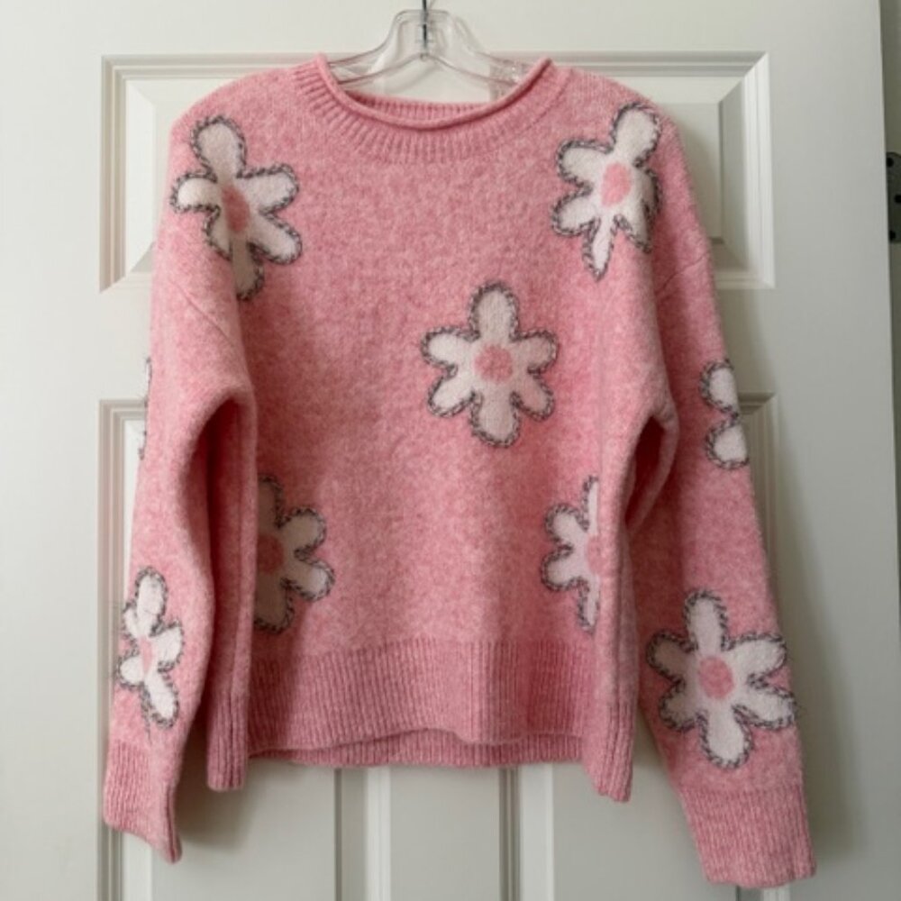 BiBi brand Pink with White Flowers Crewneck Sweater for Women - Size Small